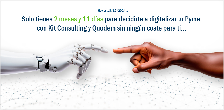 Mano humana señalando a una mano robótica con texto sobre digitalización de pymes y Kit Consulting.