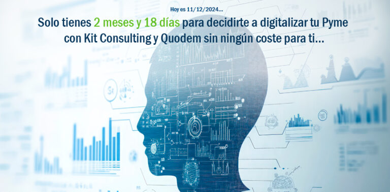 Silueta de una cabeza humana con gráficos de datos y análisis dentro, acompañada del texto: "Solo tienes 2 meses y 18 días para decidirte a digitalizar tu Pyme con Kit Consulting y Quodem sin ningún coste para ti". El fondo incluye gráficos estadísticos y un tono tecnológico.