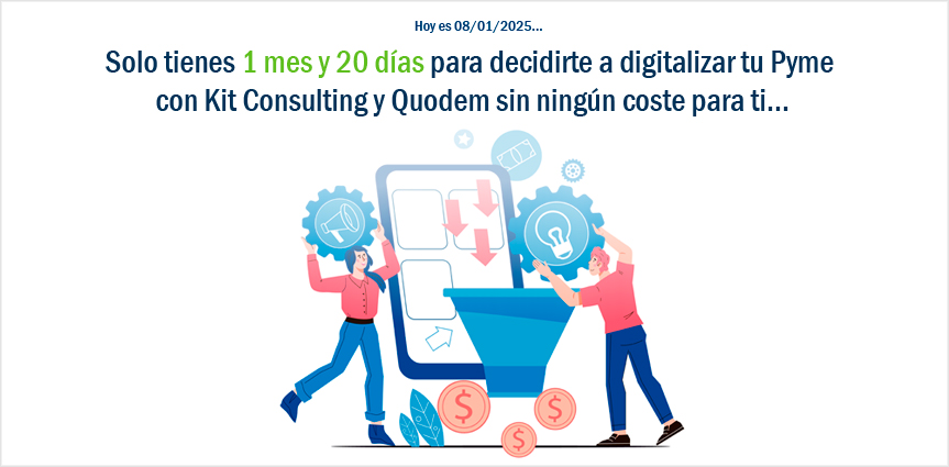 Ilustración de digitalización empresarial con engranajes, diagramas y monedas, acompañada de texto promocional sobre Kit Consulting y Quodem.