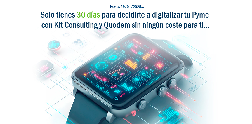 Smartwatch futurista con interfaz digital y mensaje sobre digitalización de PYMEs.