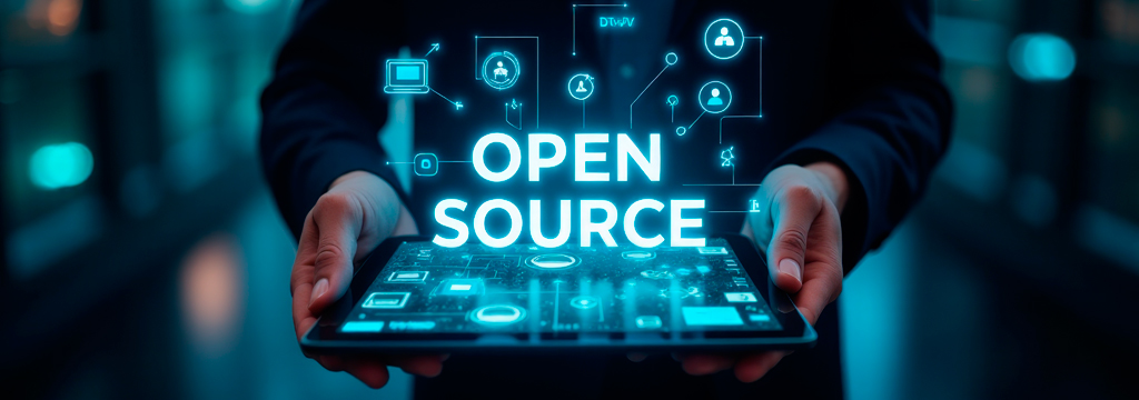 Persona sosteniendo una tablet con la palabra "Open Source" y gráficos tecnológicos digitales.