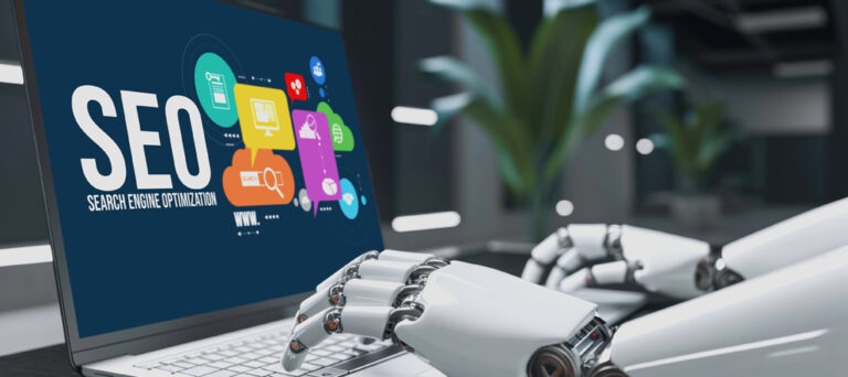 Robot escribiendo en un portátil con gráfico de SEO en la pantalla