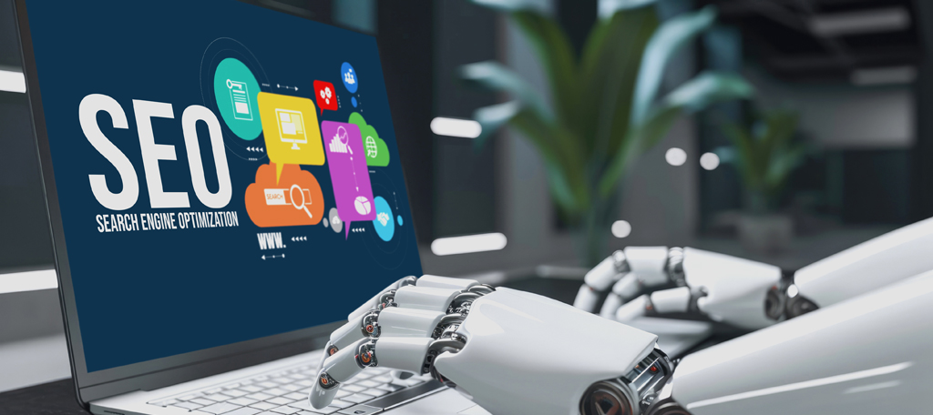 Robot escribiendo en un portátil con gráfico de SEO en la pantalla