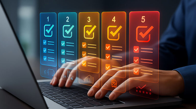 Persona utilizando un portátil con checklists digitales luminosos que representan flujo de trabajo, gestión de tareas y herramientas de productividad.