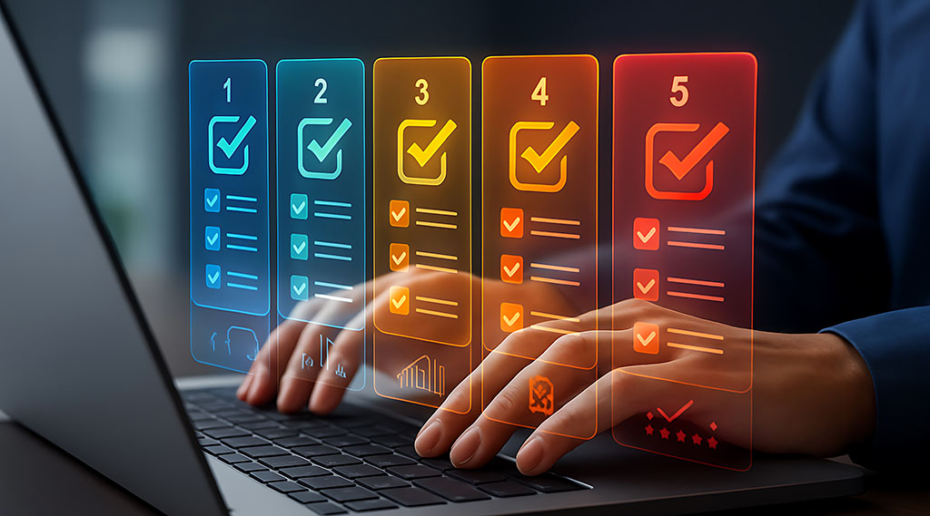 Persona utilizando un portátil con checklists digitales luminosos que representan flujo de trabajo, gestión de tareas y herramientas de productividad.